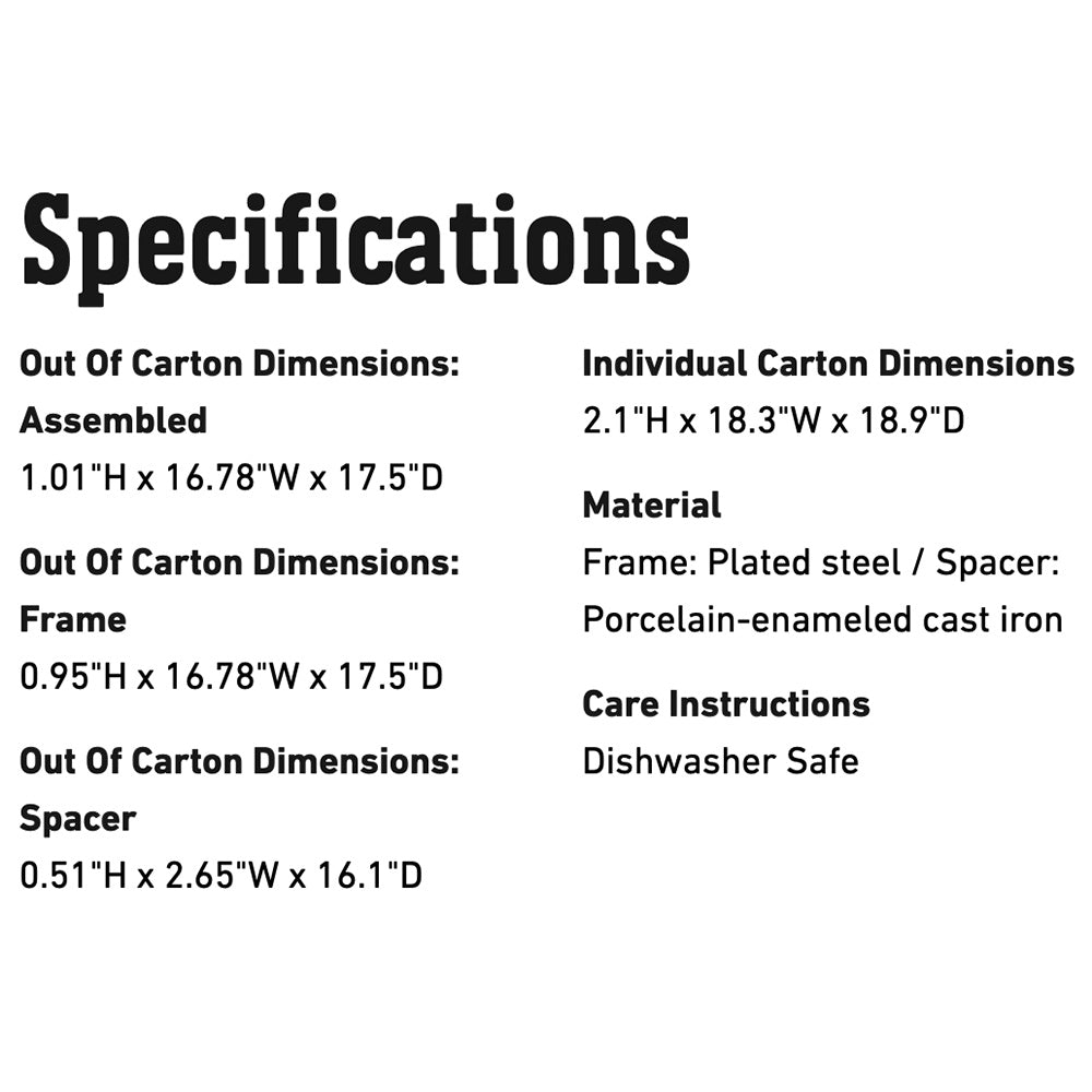 Grill frame kit specifications sheet with dimensions and plated steel details
