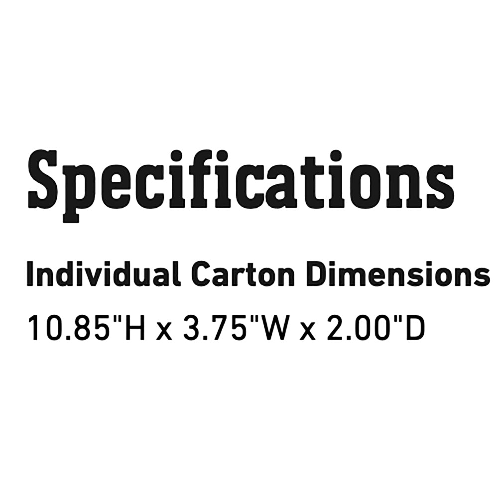 Specifications: Individual carton dimensions 10.85H x 3.75W x 2.00D