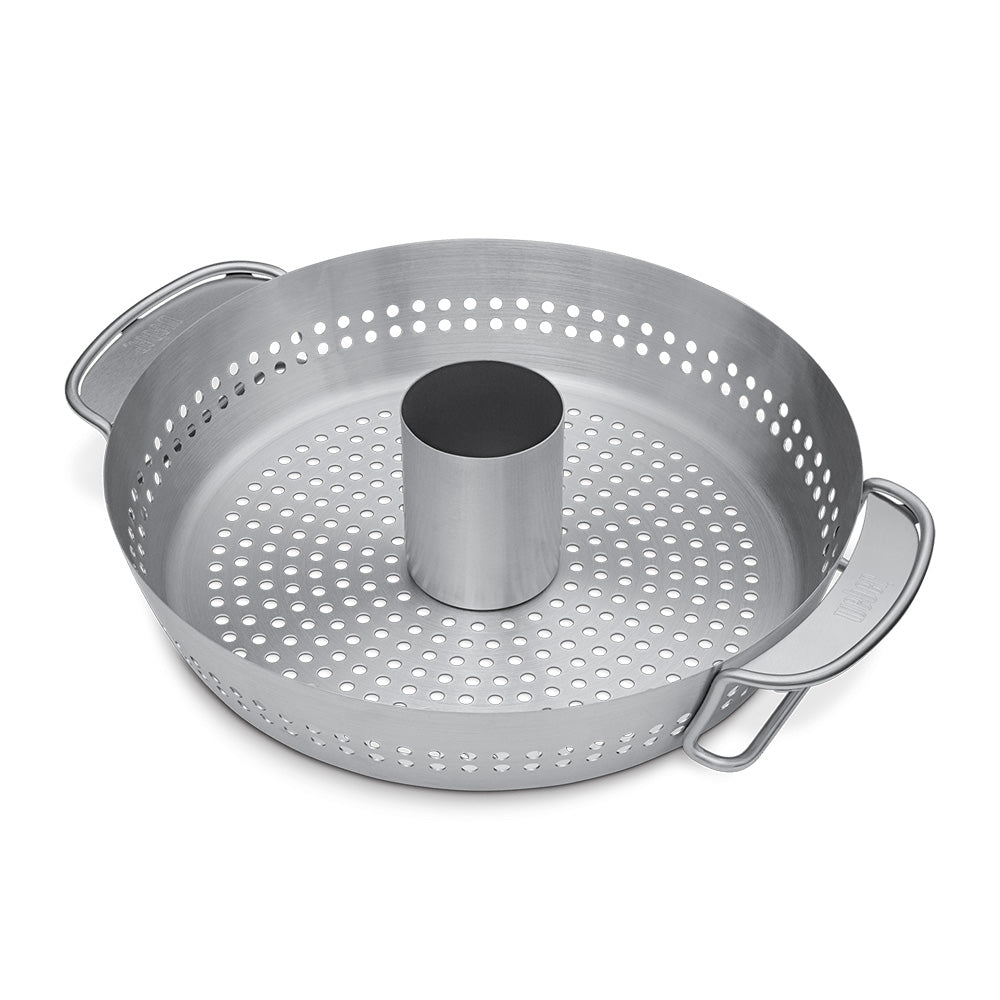 Stainless steel poultry roaster basket with perforated sides and center stand