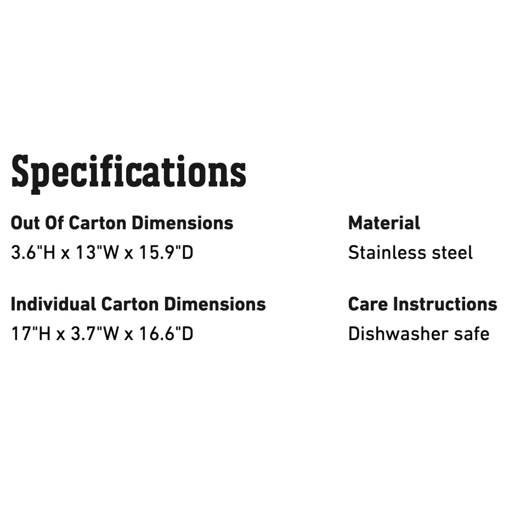 Specifications card: carton dimensions, stainless steel material, dishwasher-safe care
