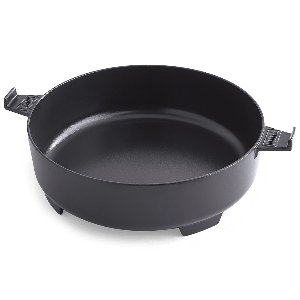 Black cast iron dutch oven/griddle base with two side handles