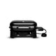Electric grill on cart, front view of black grill with domed lid and side hose