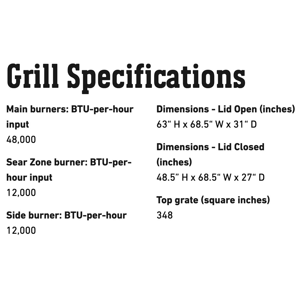 Grill specifications chart with BTU inputs and dimension callouts for Weber Genesis