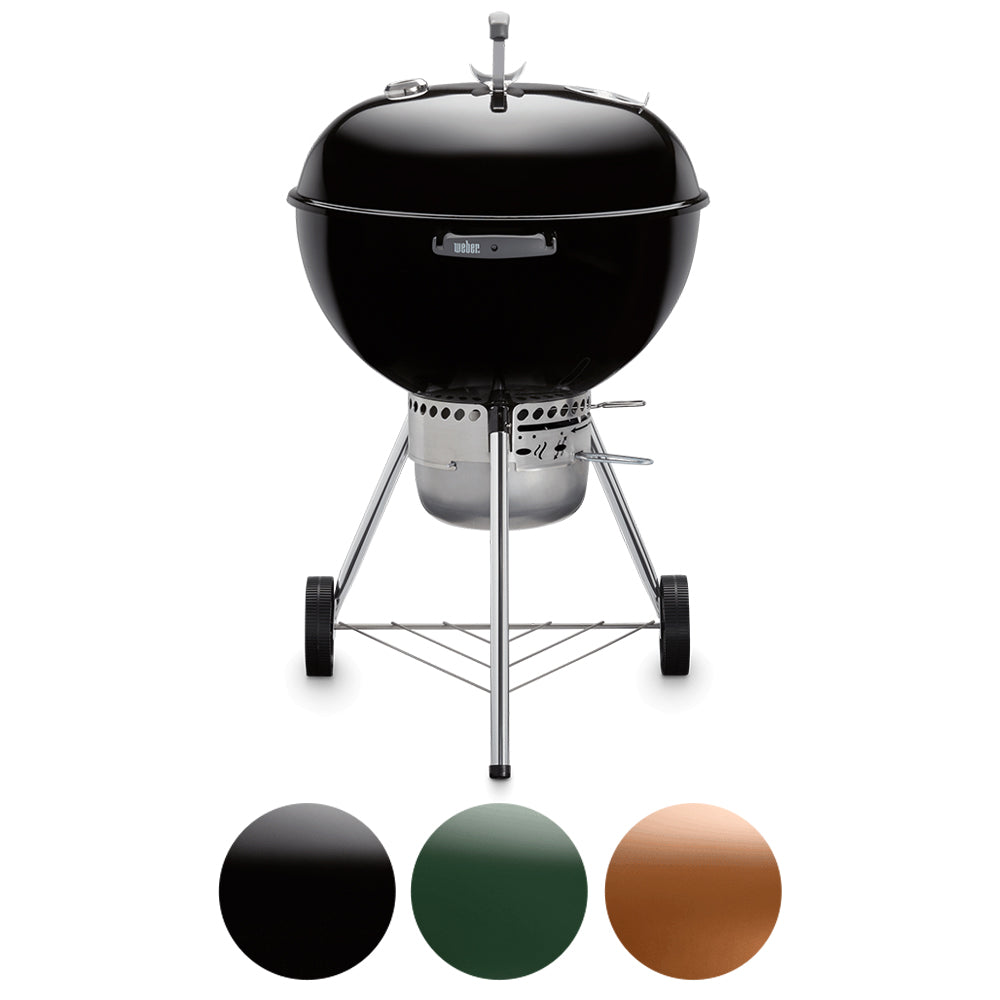 Black kettle charcoal grill with hinged lid, side air vent, and stainless stand