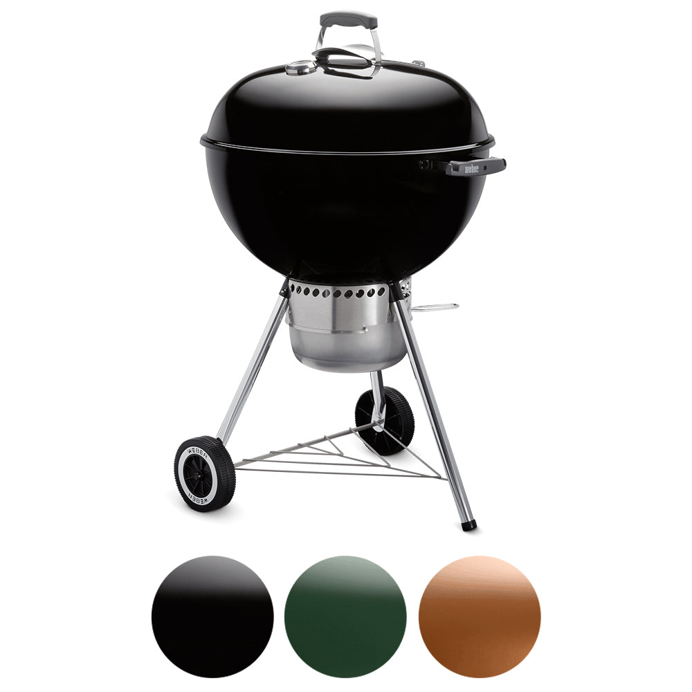 Black kettle charcoal grill with lid and front wheels, stainless cooking bowl