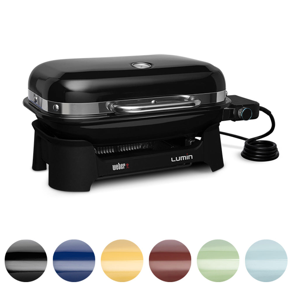 Weber Lumin portable electric grill, black closed lid with side temperature knob and cord