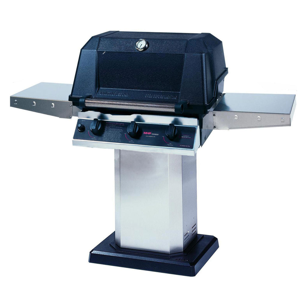 Hybrid gas grill with black hood, open lid, control panel, and side shelves