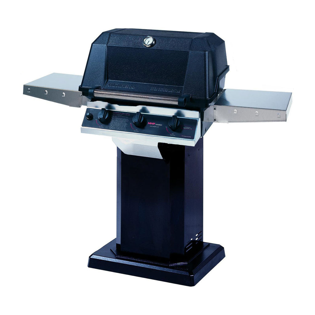 Hybrid gas grill on cart with closed lid and side shelves, black and stainless steel