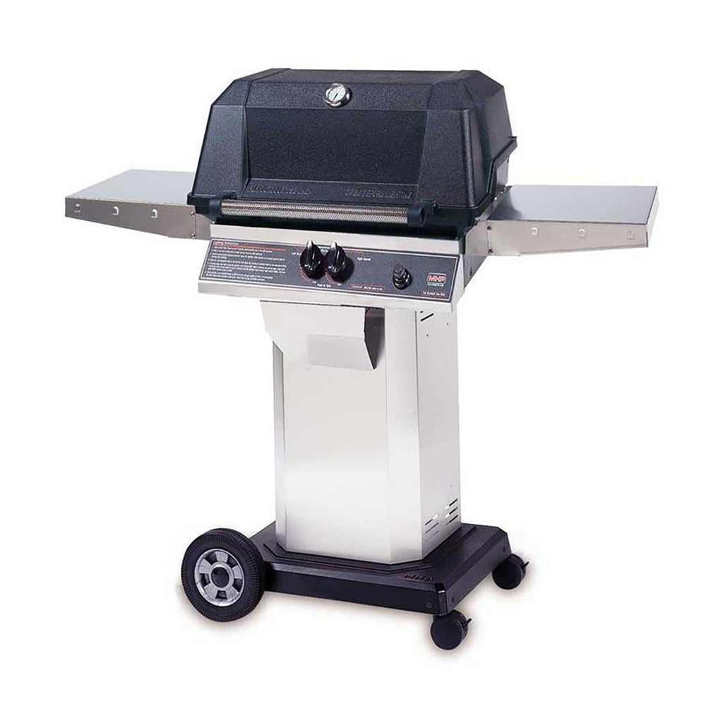 27-inch gas grill on cart with side shelves and control knobs