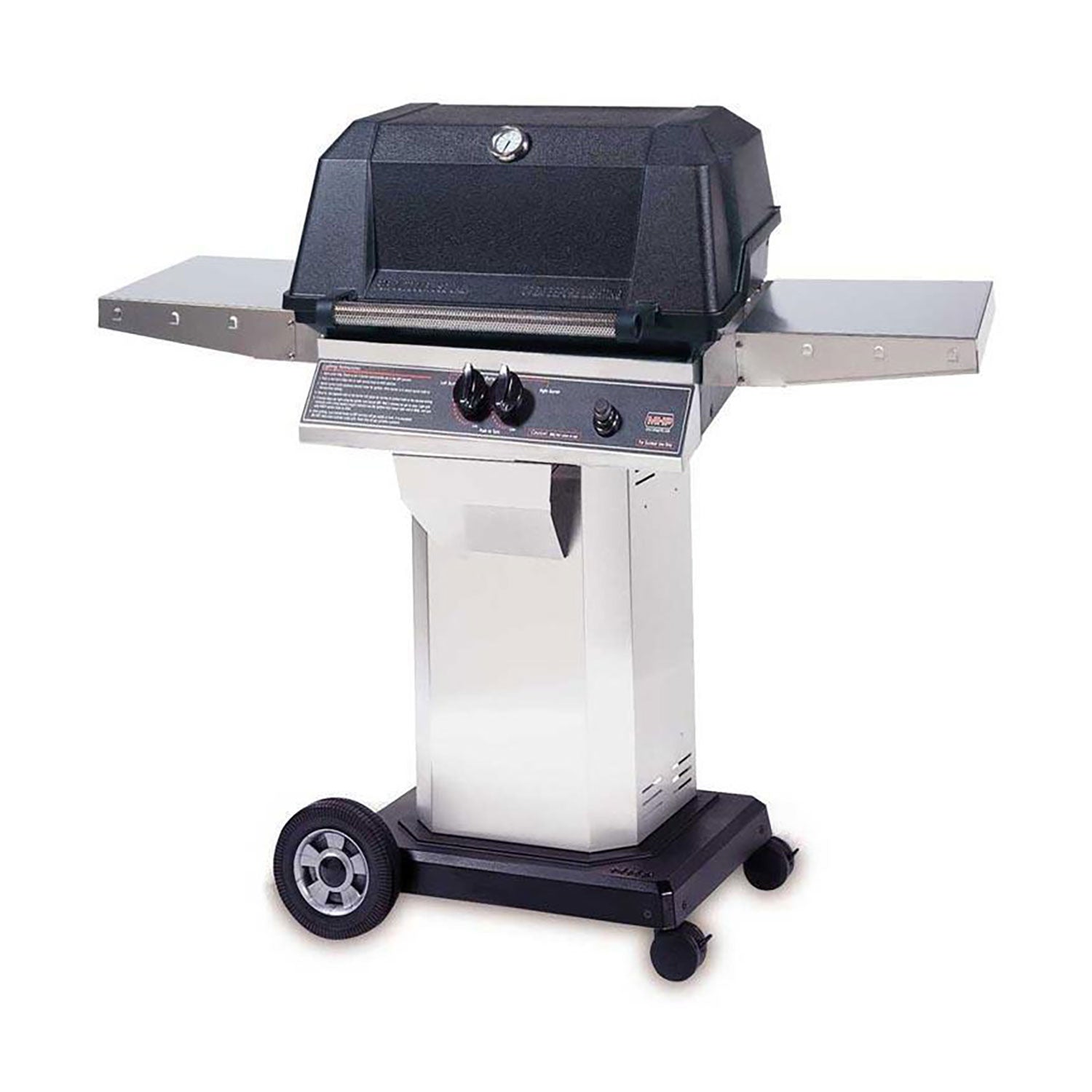 27-inch gas grill on cart with side shelves and control knobs