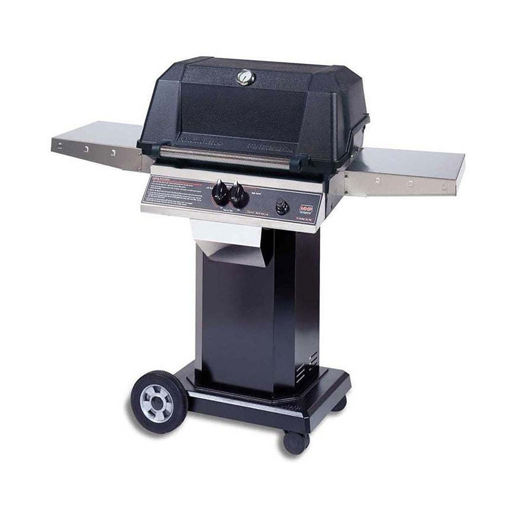 Black gas grill on cart with wheels and side shelves, lid closed
