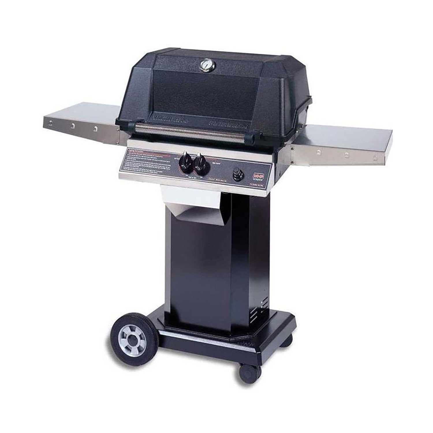 Black gas grill on cart with wheels and side shelves, lid closed