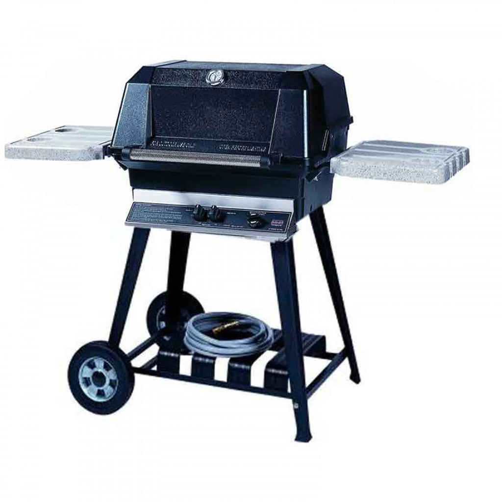 Hybrid gas grill on cart with legs, front shelf grates, and side shelves