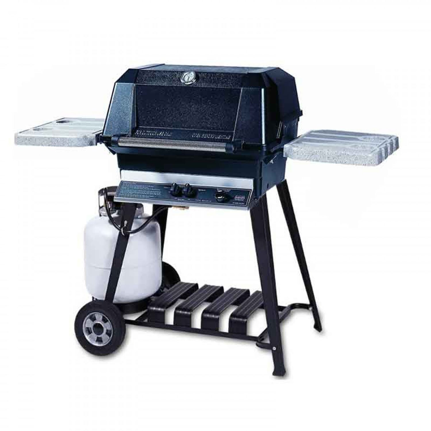 Black gas grill on cart with wheels, closed lid, and side shelves
