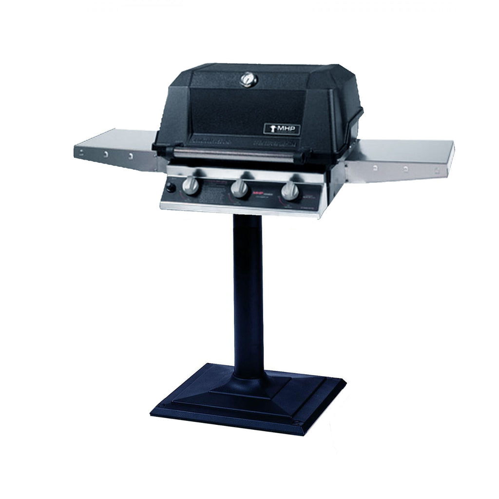 Black infrared gas grill on a pedestal base with side shelves and front control knobs.