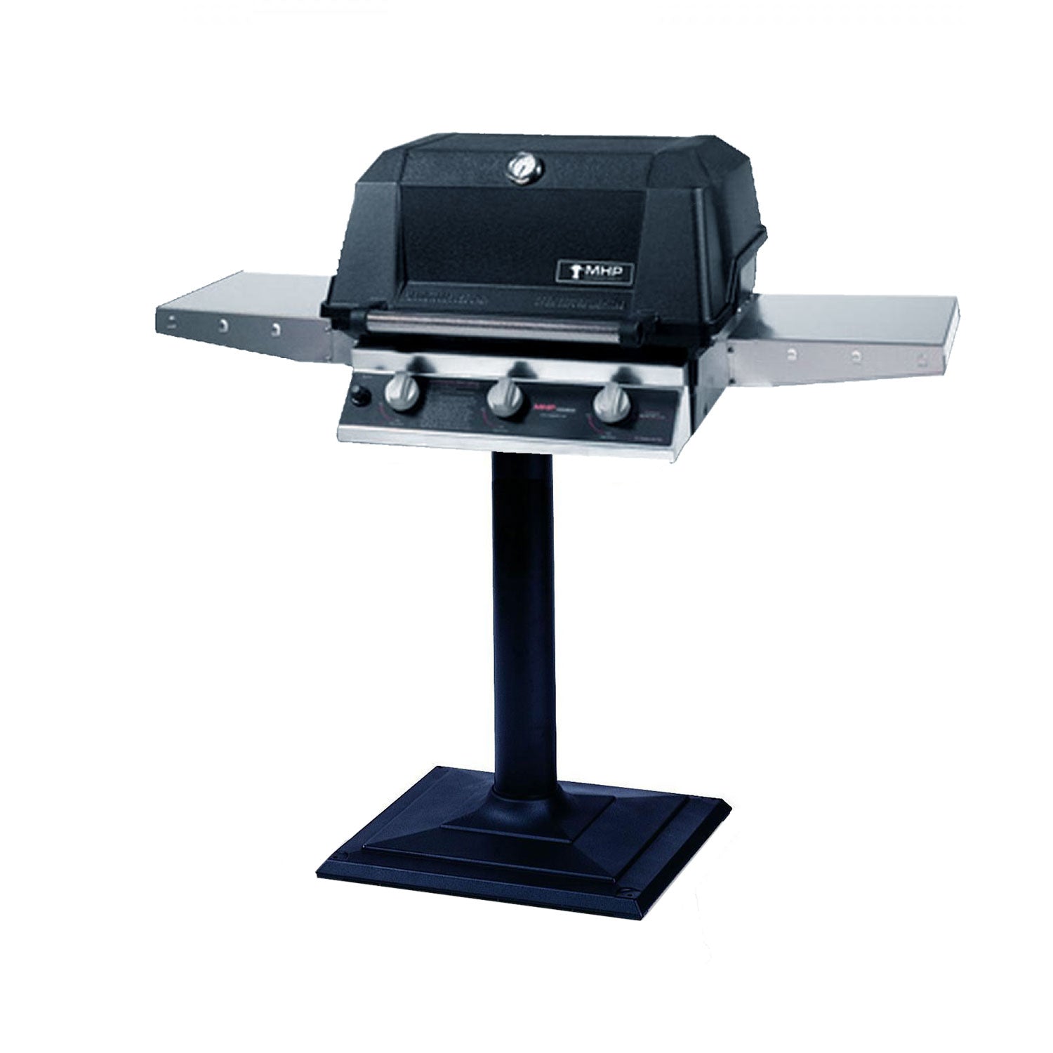 Black infrared gas grill on a pedestal base with side shelves and front control knobs.