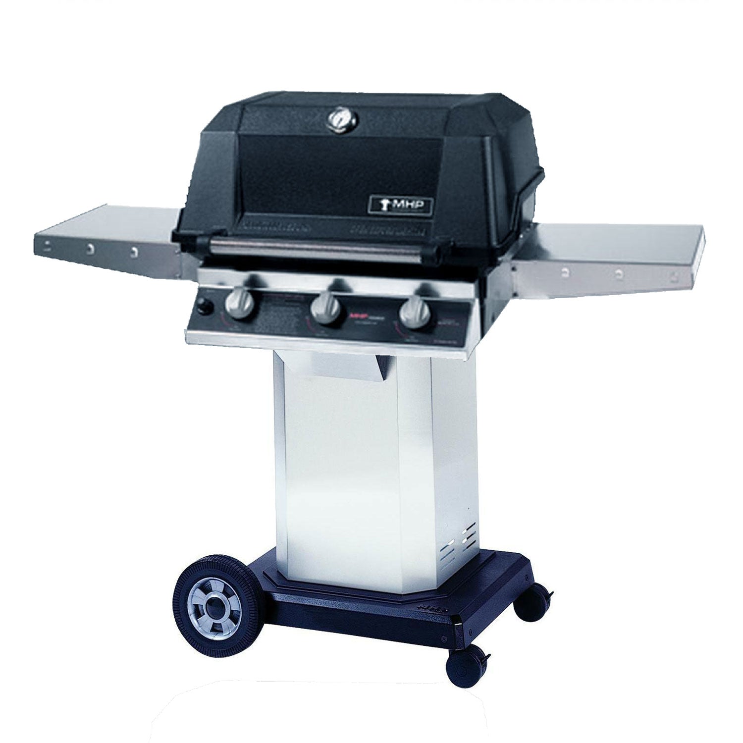 All-infrared gas grill on cart with black hood and stainless side shelves