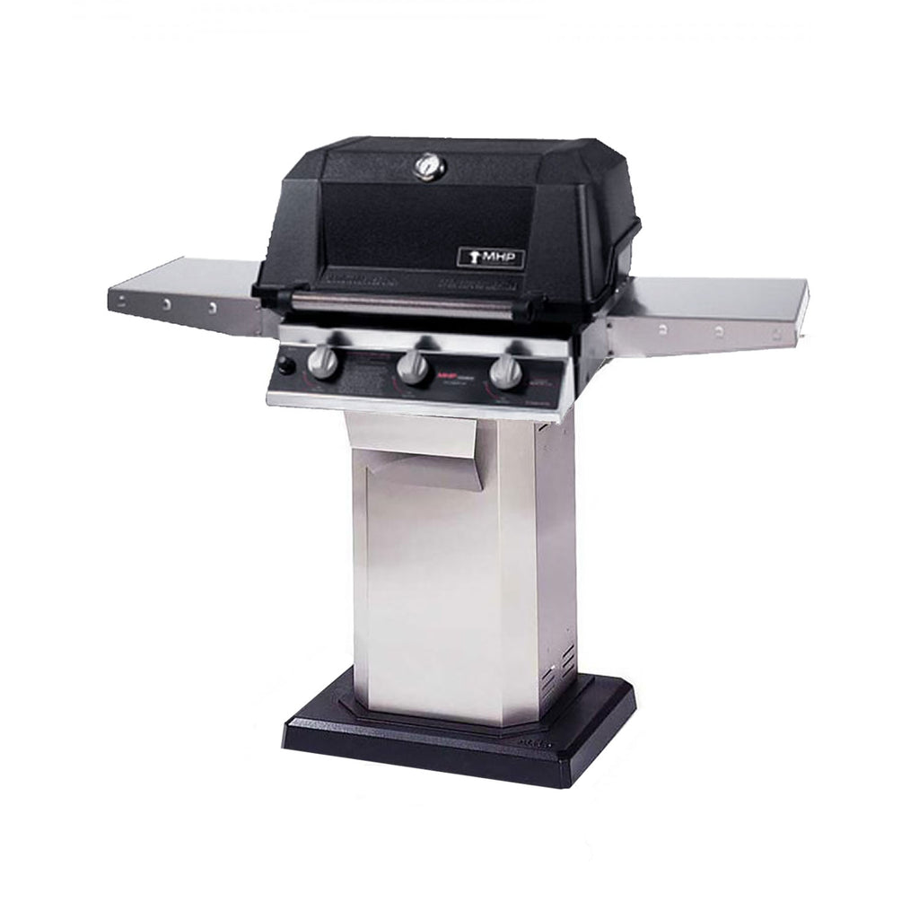 Tri-Burn gas grill with black lid, three burner knobs, and stainless side shelves