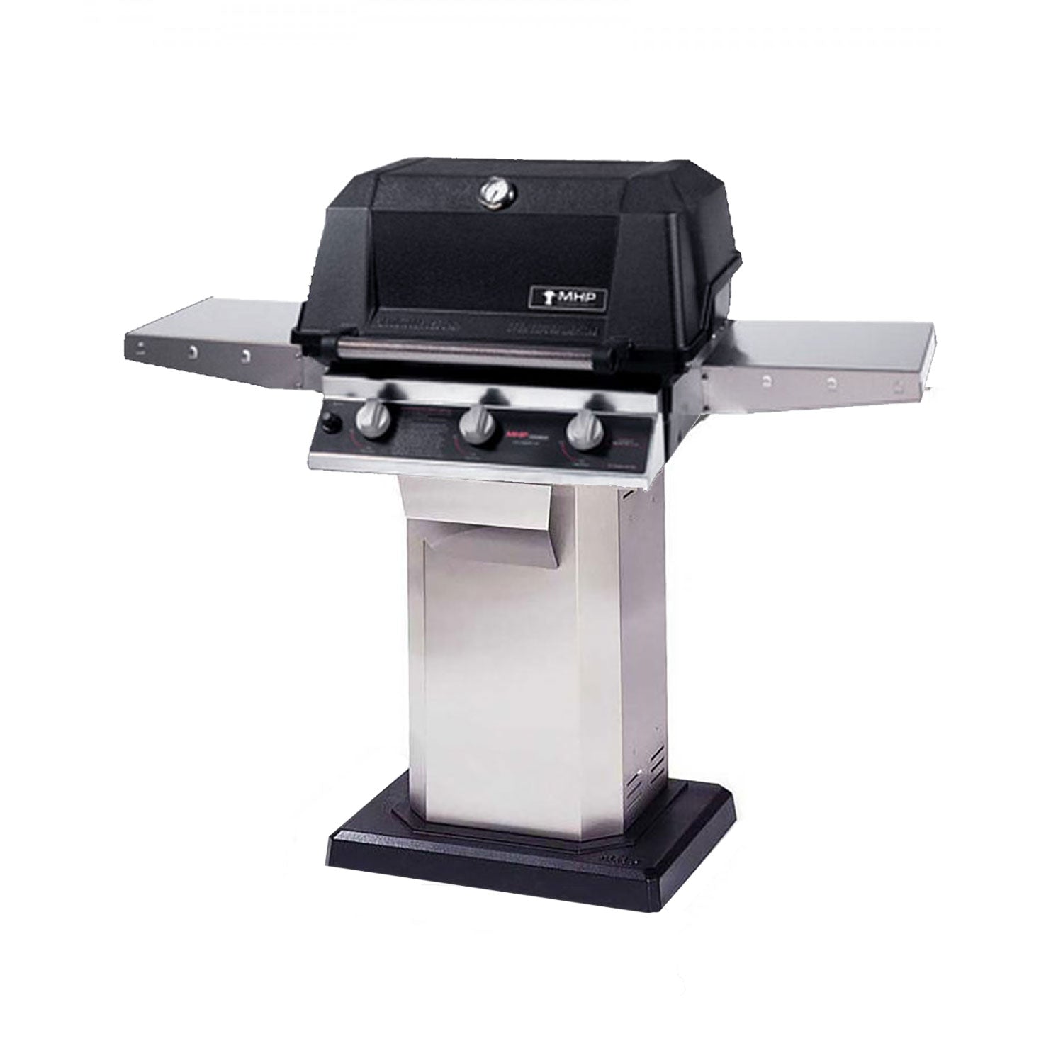 Tri-Burn gas grill with black lid, three burner knobs, and stainless side shelves