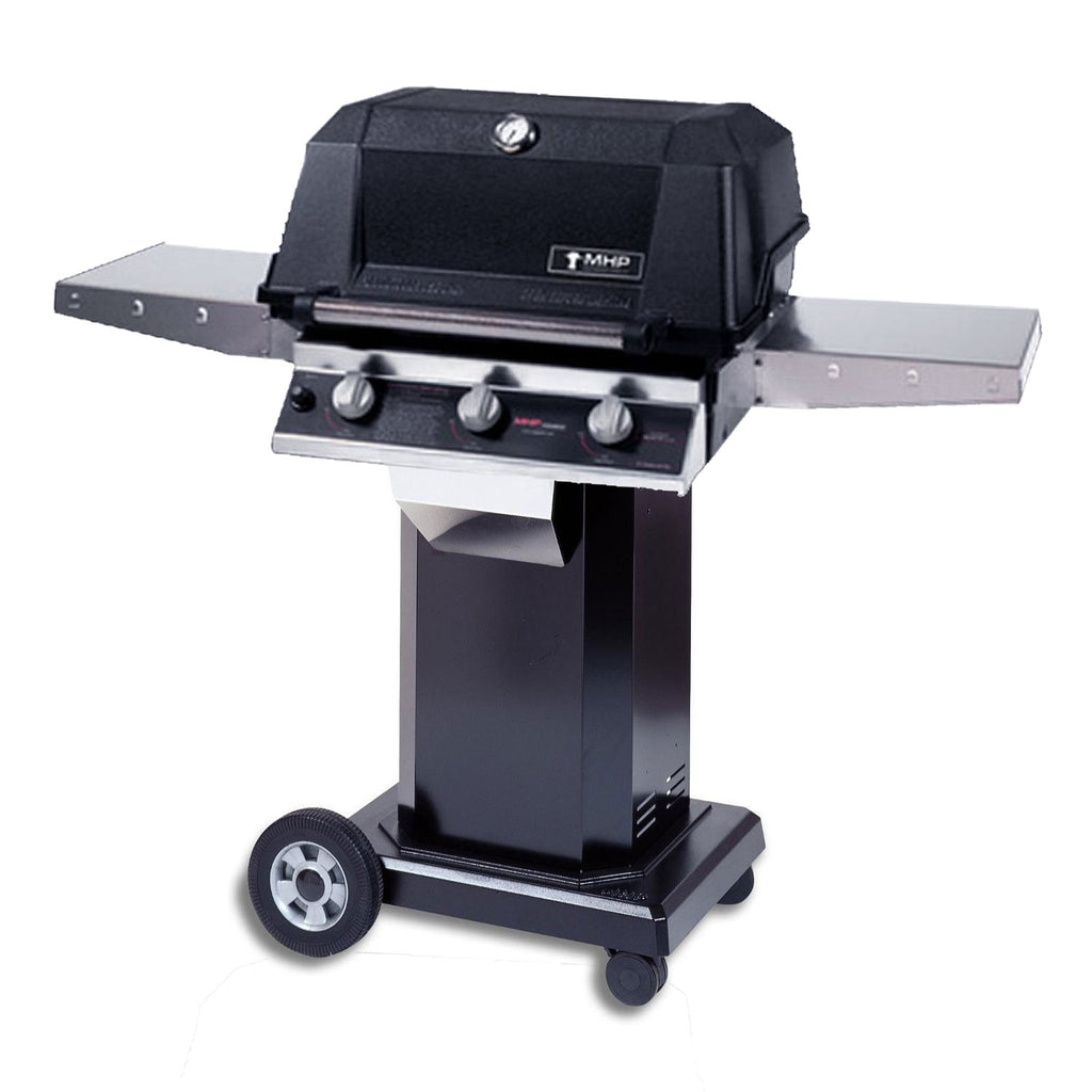 All-infrared gas grill on cart with front cabinet and caster wheels