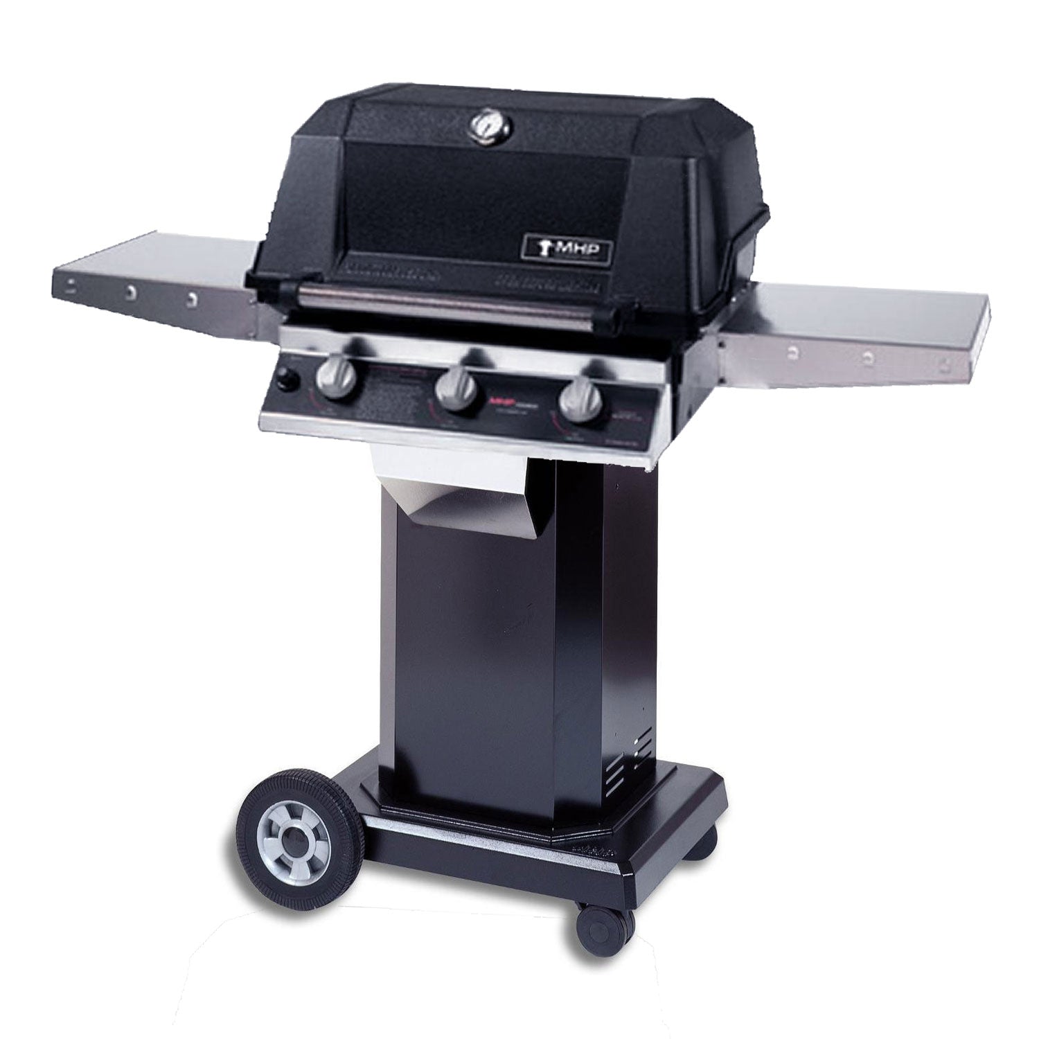 All-infrared gas grill on cart with front cabinet and caster wheels