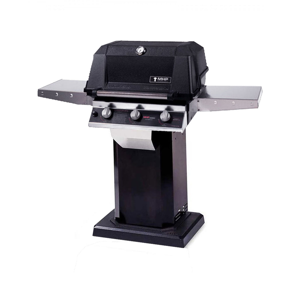Black and silver infrared gas grill with side shelves, front knobs, and pedestal base.