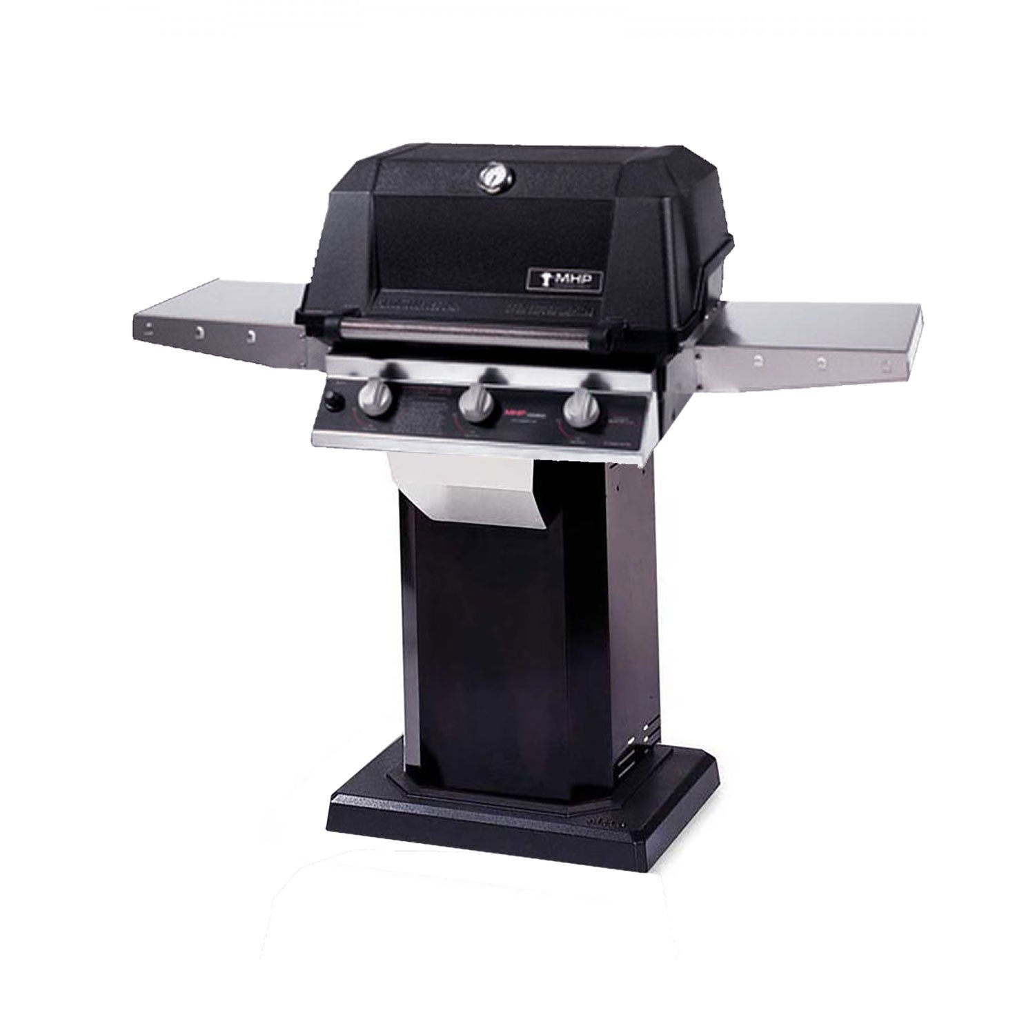 Black and silver infrared gas grill with side shelves, front knobs, and pedestal base.