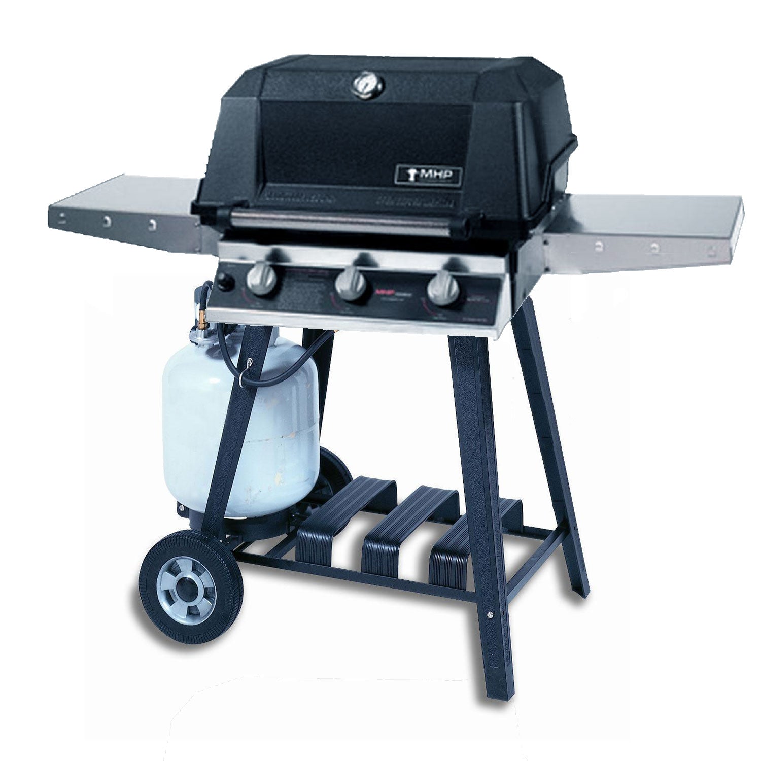 Tri-burn gas grill on cart with side shelf and visible propane tank