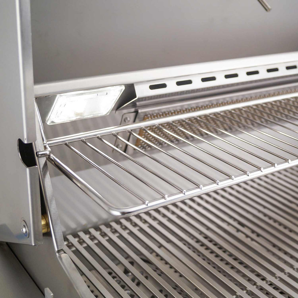 Stainless grill cooking rack with side shelf and warming shelf support