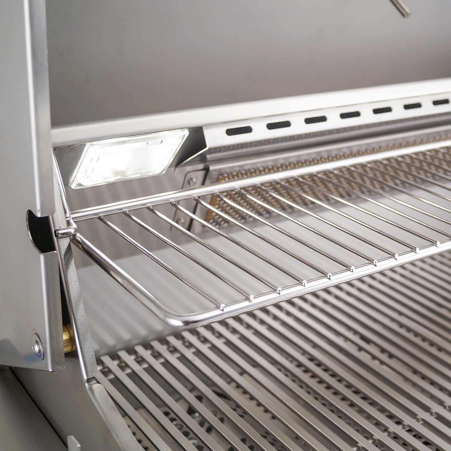 Stainless grill cooking rack with side shelf and warming shelf support