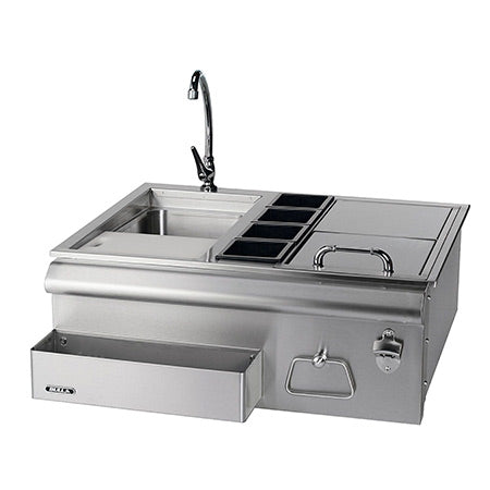 Stainless slide-in bar center with sink, faucet, and drainboard