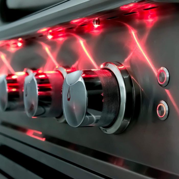 Gas grill infrared burner with glowing red heat and two control knobs