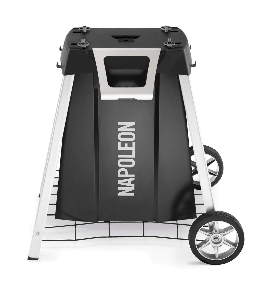 Black portable gas grill on cart with side panels, wheels, and front utility door