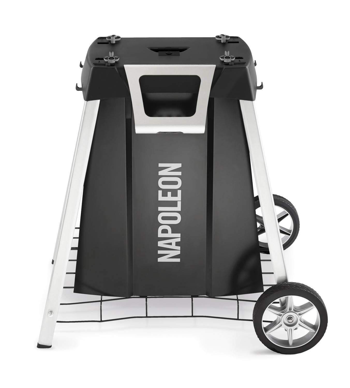 Black portable gas grill on cart with side panels, wheels, and front utility door