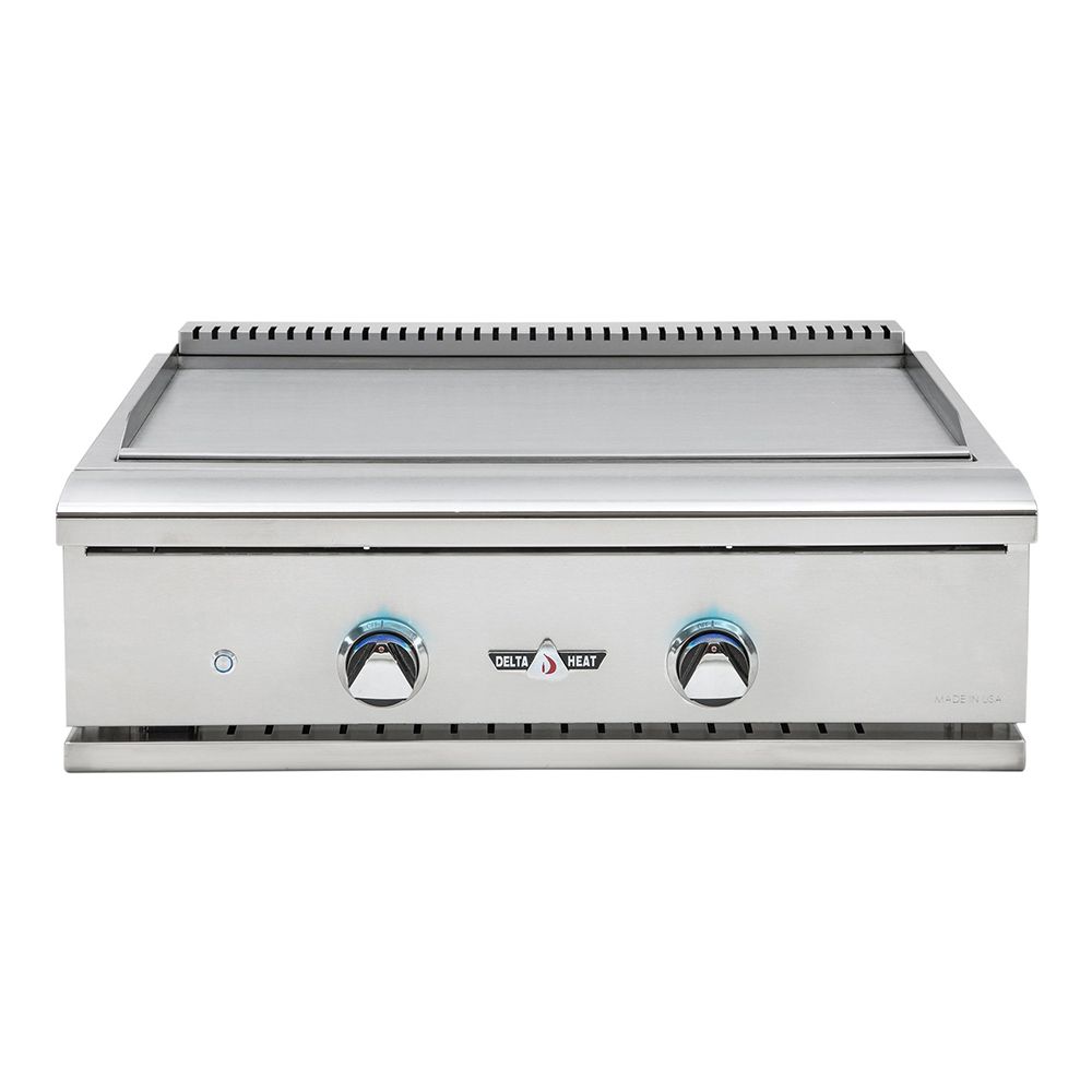 Stainless steel gas teppanyaki grill with two control knobs and flat griddle surface