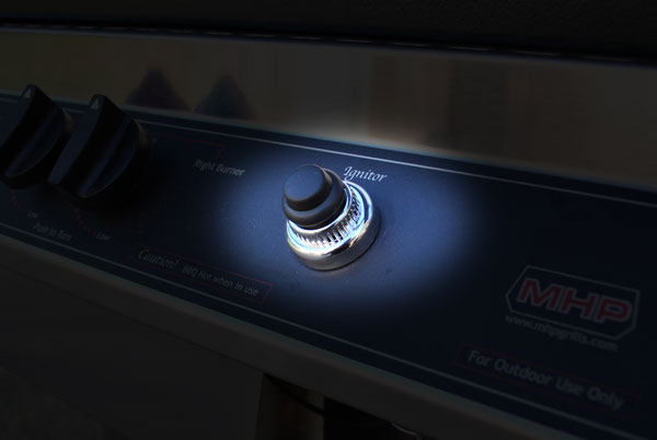Gas grill control panel with igniter knob and MHP logo