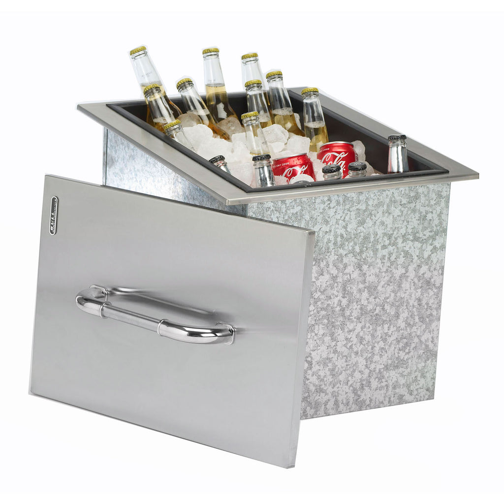 Stainless steel drop-in ice chest with front handle and open top insert