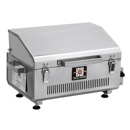 Stainless steel portable infrared grill with closed lid, front vents, and locking latches