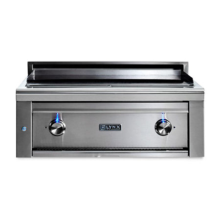 Built-in flat top gas grill with stainless steel front panel and two control knobs