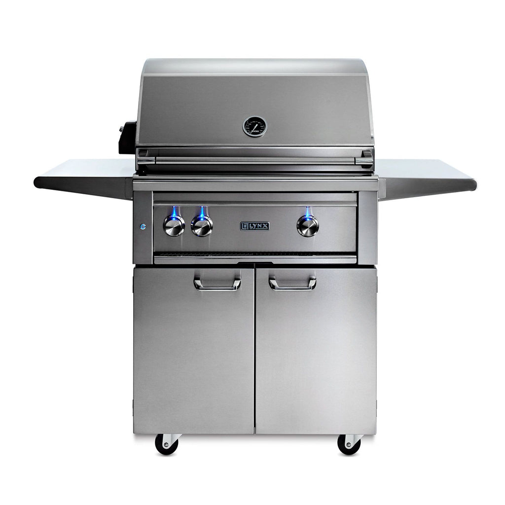Stainless steel gas grill on cart with closed lid and three control knobs