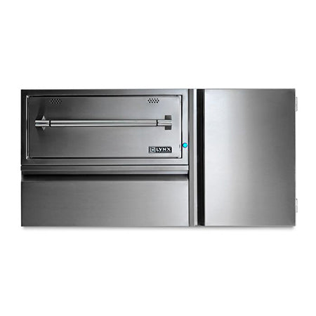 Stainless warming drawer and storage cabinet with open drawer compartment