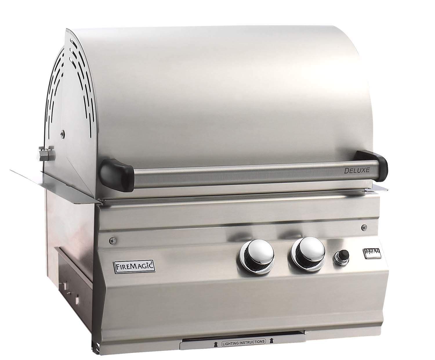 Built-in stainless gas grill with open lid and front control knobs