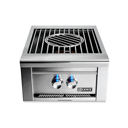 Stainless steel built-in gas power burner with round grate and blue control knobs