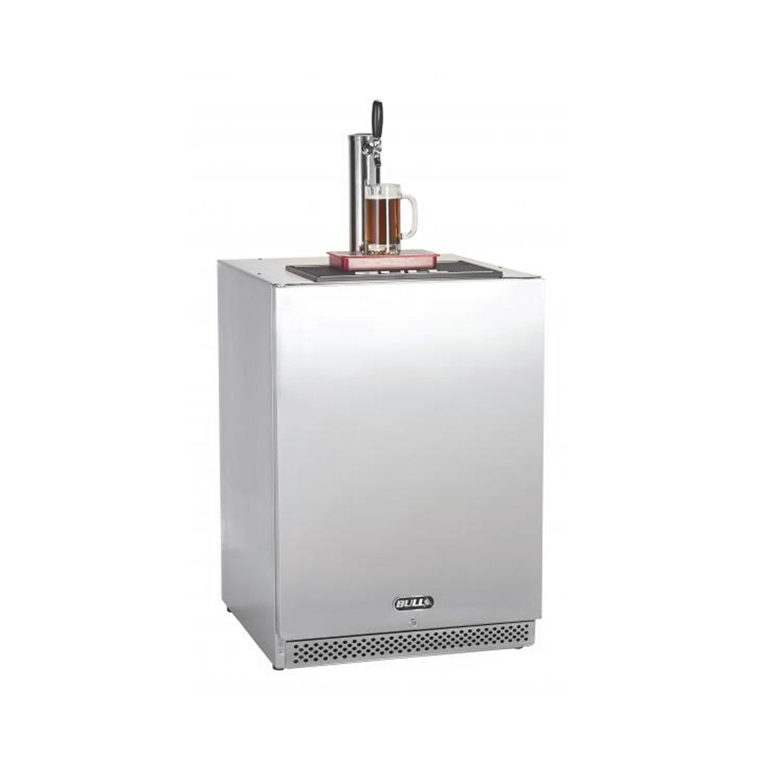 Bull single-tap kegerator, stainless steel with front grille and drip tray