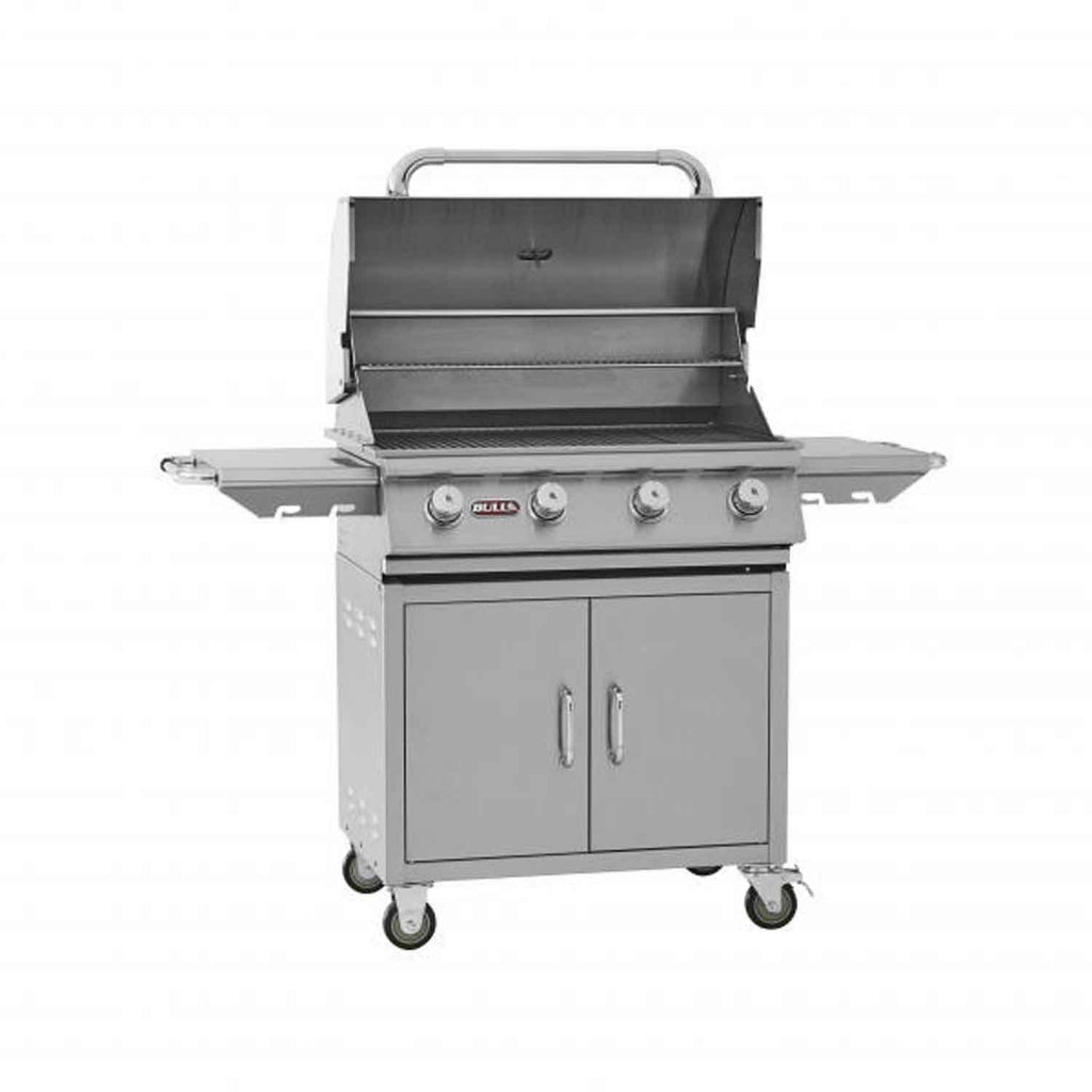 Gas grill with open lid, control knobs, and stainless cabinet on wheels