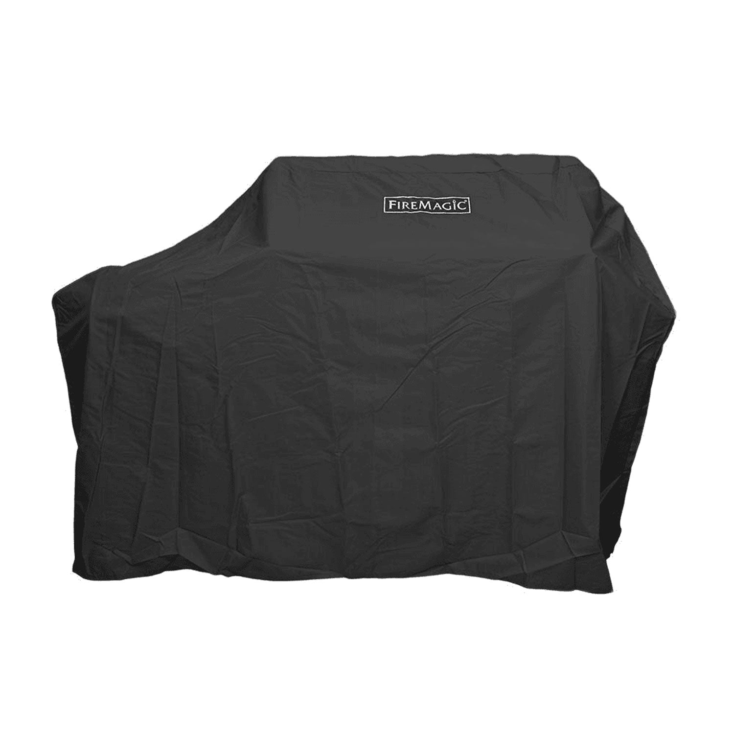 Fire Magic vinyl grill cover in dark charcoal with logo patch and front fit