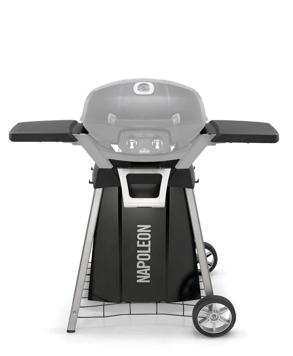 NAPOLEON portable grill cart with black panel shelves, lid, white frame and wheels