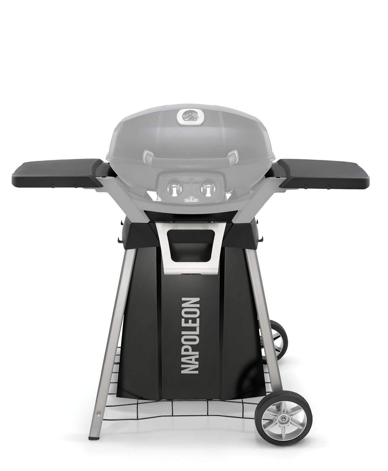 NAPOLEON portable grill cart with black panel shelves, lid, white frame and wheels