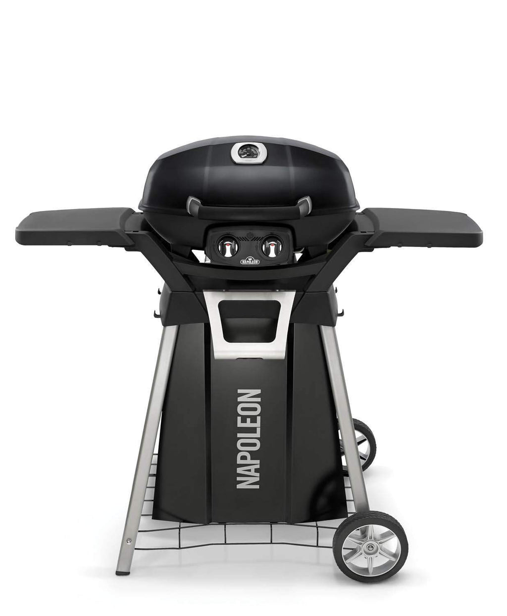 Black portable gas grill on cart with closed lid, control knobs, and side shelves