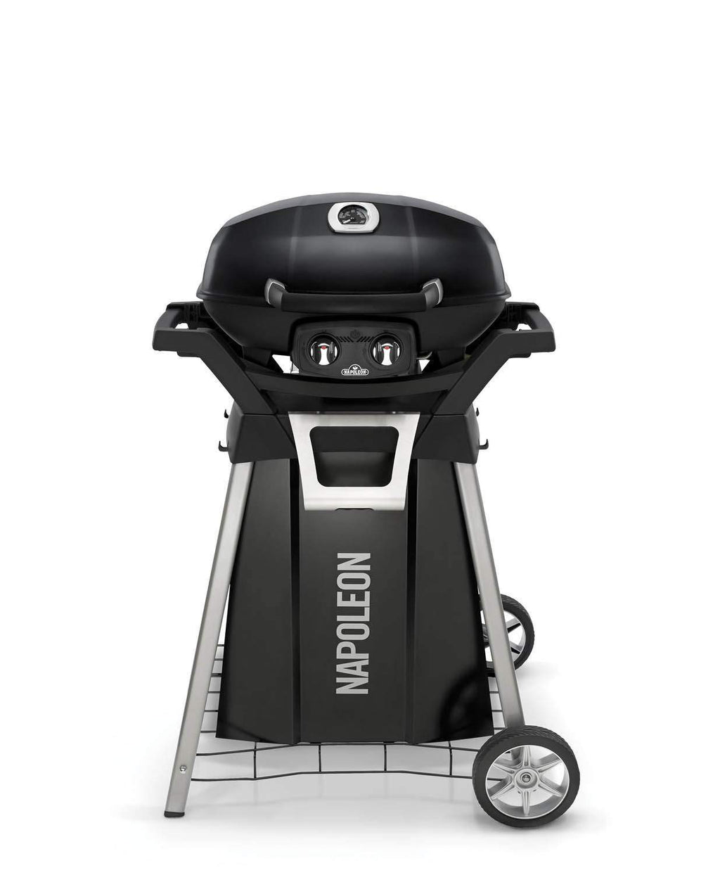 Black portable tabletop gas grill on cart with closed lid and front control panel